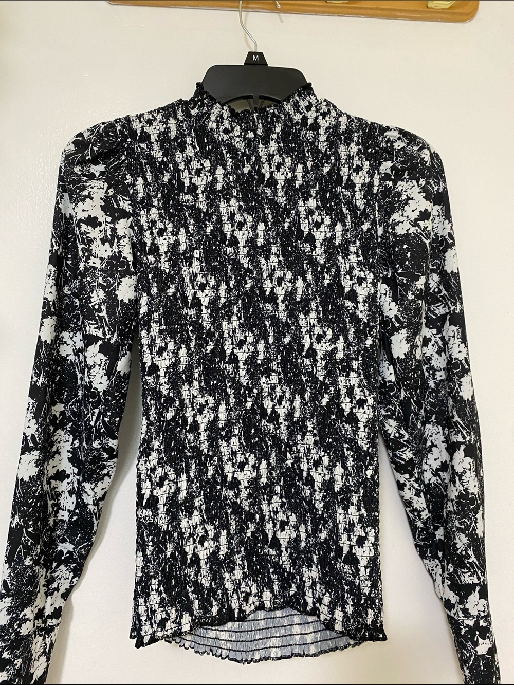Smocked Black & White Long-Sleeve Blouse